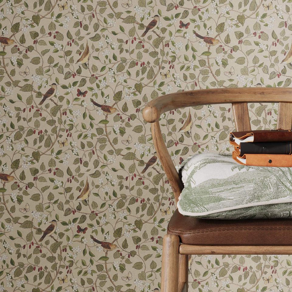 High-quality 3D rendered furniture with a wooden chair and decorative wallpaper, showcasing photorealistic product rendering and 3D interior visualization.