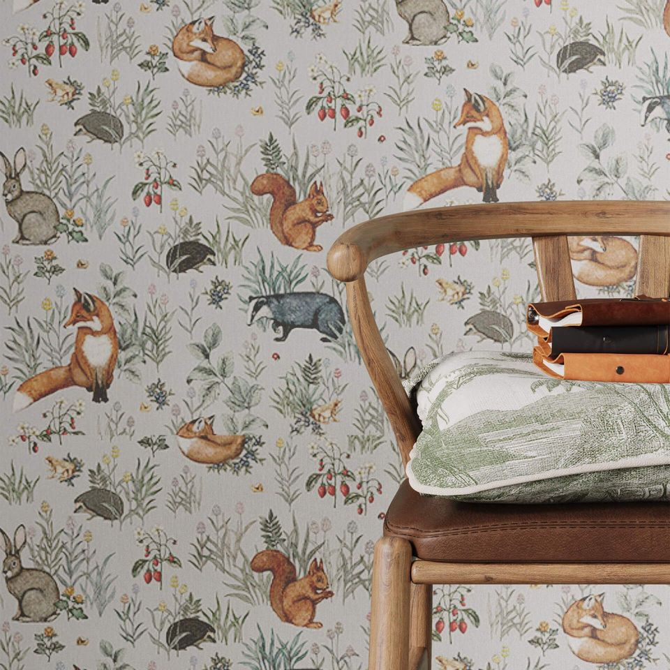 3D furniture modeling and rendering featuring a wooden chair against a nature-themed wallpaper, showcasing 3D interior visualization and photorealistic rendering.