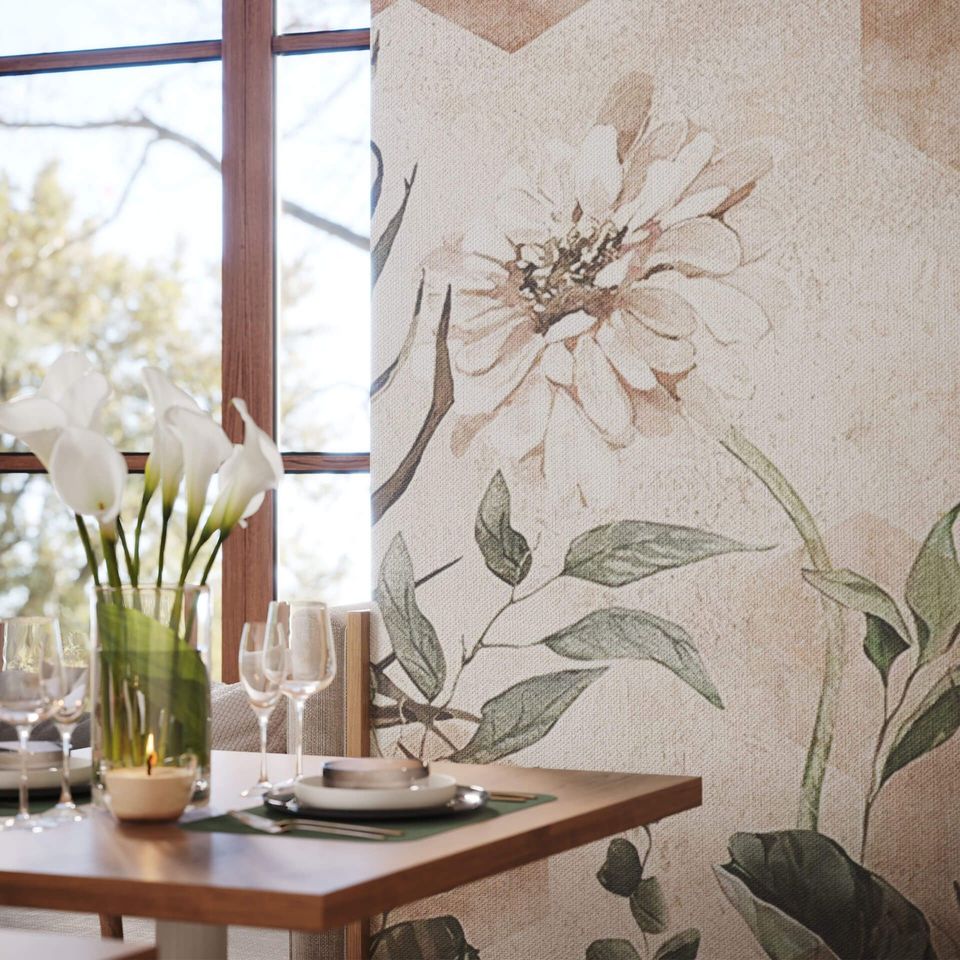 3D lifestyle visualization showcasing a dining area with photorealistic furniture rendering and floral decor