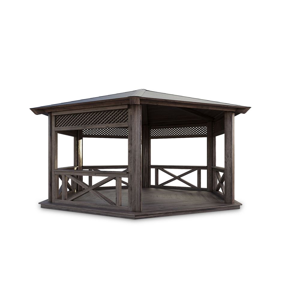 3D furniture modeling and rendering of a wooden gazebo, showcasing realistic furniture rendering and 3D product visualization