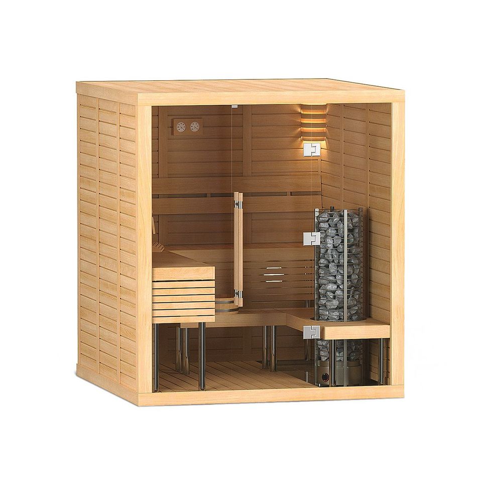 3D rendered image of a sauna interior showcasing high-quality furniture modeling and photorealistic rendering