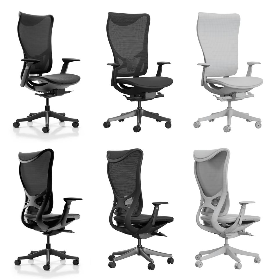 Front and rear views of photorealistic and wireframe 3D models of an ergonomic mesh office chair with armrests and wheeled base