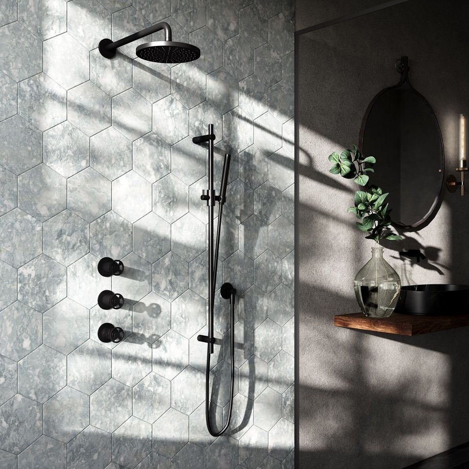 3D interior visualization of a trendy bathroom with hexagonal tiles, showcasing photorealistic rendering and 3D modeling techniques.