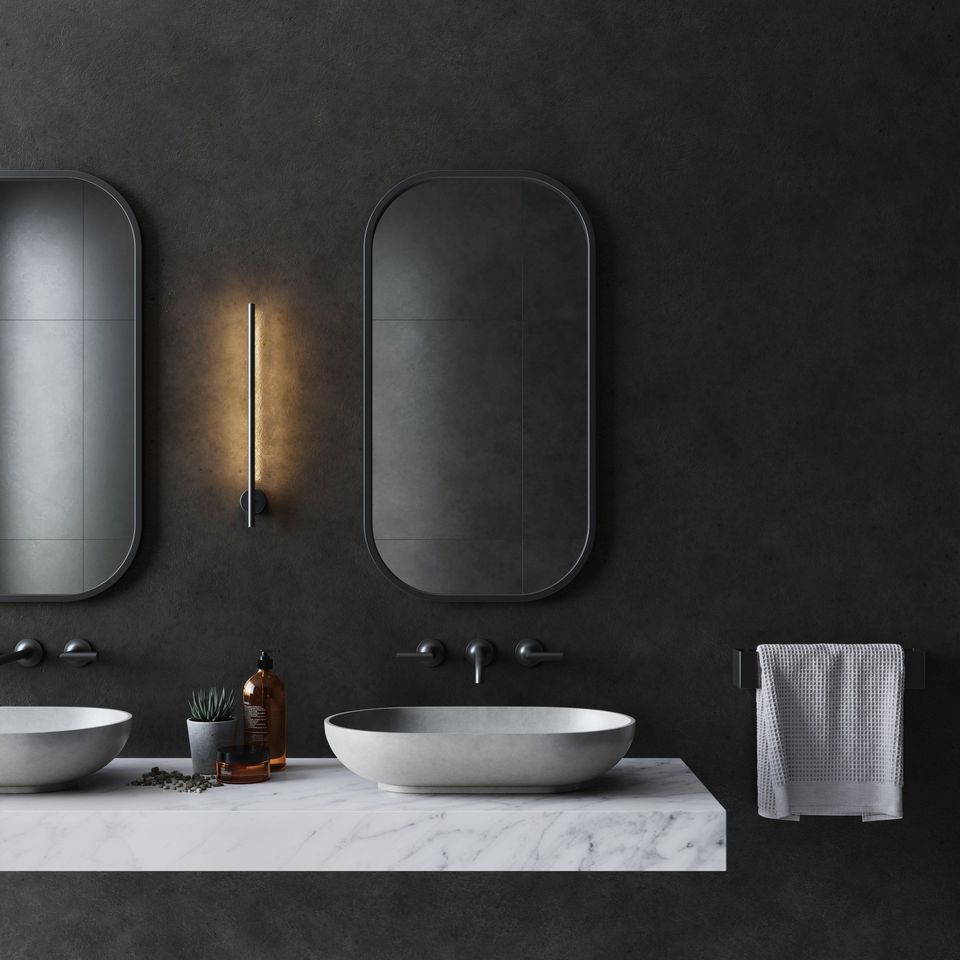 3D Rendering for a Modern Bathroom Interior with Double Vanity and Dark Walls