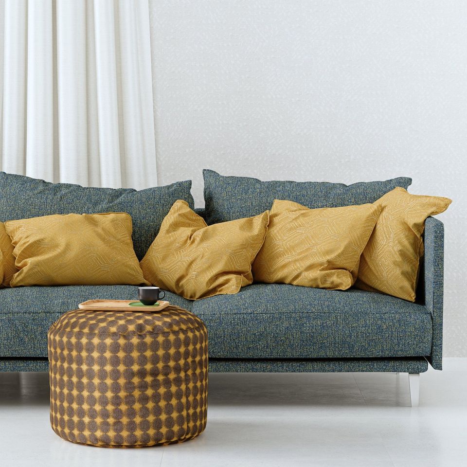 3D house fittings modeling and rendering showcasing a trendy sofa with yellow cushions, 3D interior visualization