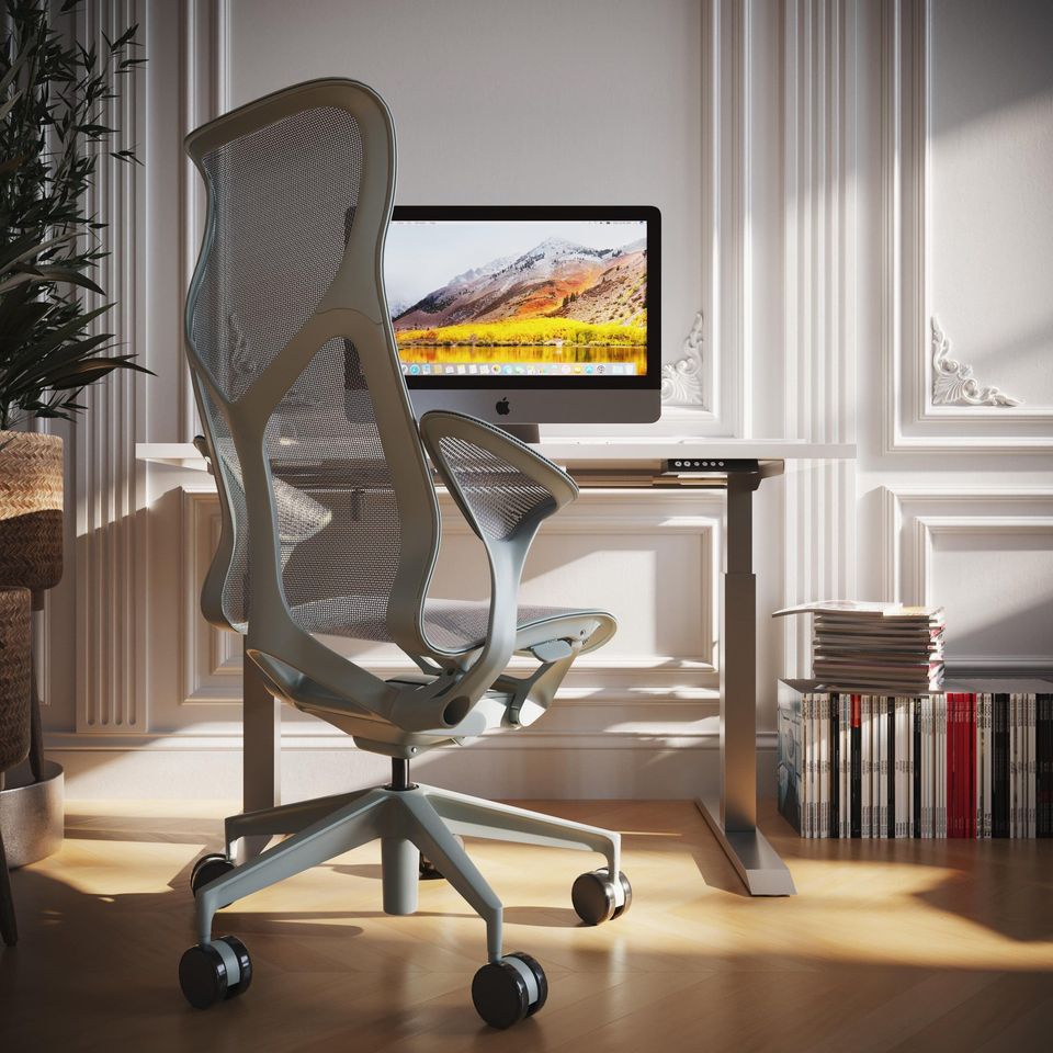 Realistic 3D rendering of a trendy office chair and desk setup, showcasing realistic house fittings visualization and photorealistic CGI.