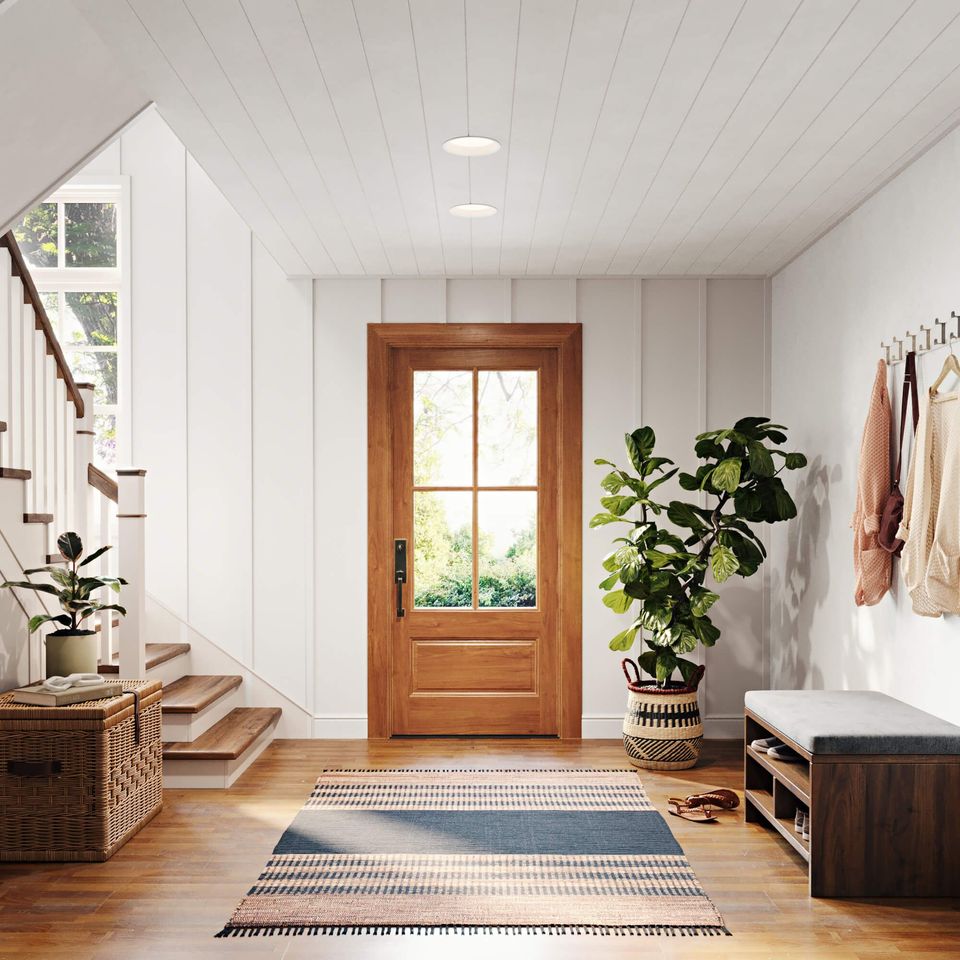 3D interior rendering showcasing a modern entryway with realistic furniture, highlighting 3D furniture modeling and photorealistic visualization.