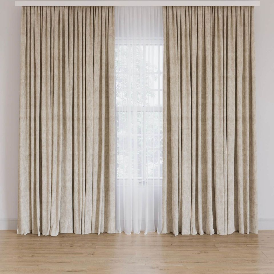 3D rendering of beige curtains in a modern interior setting, showcasing high-quality 3D visualization and photorealistic rendering.