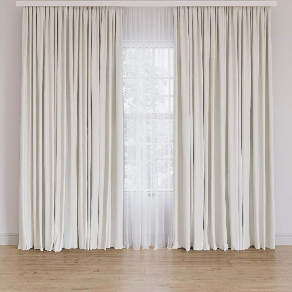 3D rendering of elegant white curtains in a modern interior setting, showcasing high-quality 3D visualization and realistic furniture rendering.