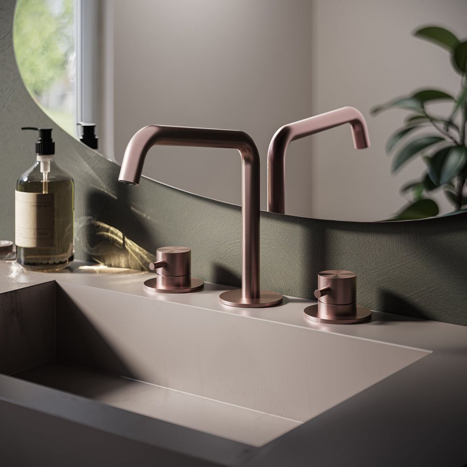High-quality 3D visualization of a modern bathroom faucet, showcasing photorealistic rendering and 3D product modeling.