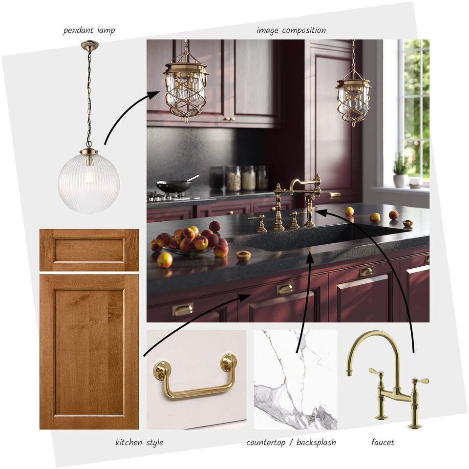 3D kitchen interior rendering showcasing custom furniture modeling, pendant lamps, and realistic product visualization