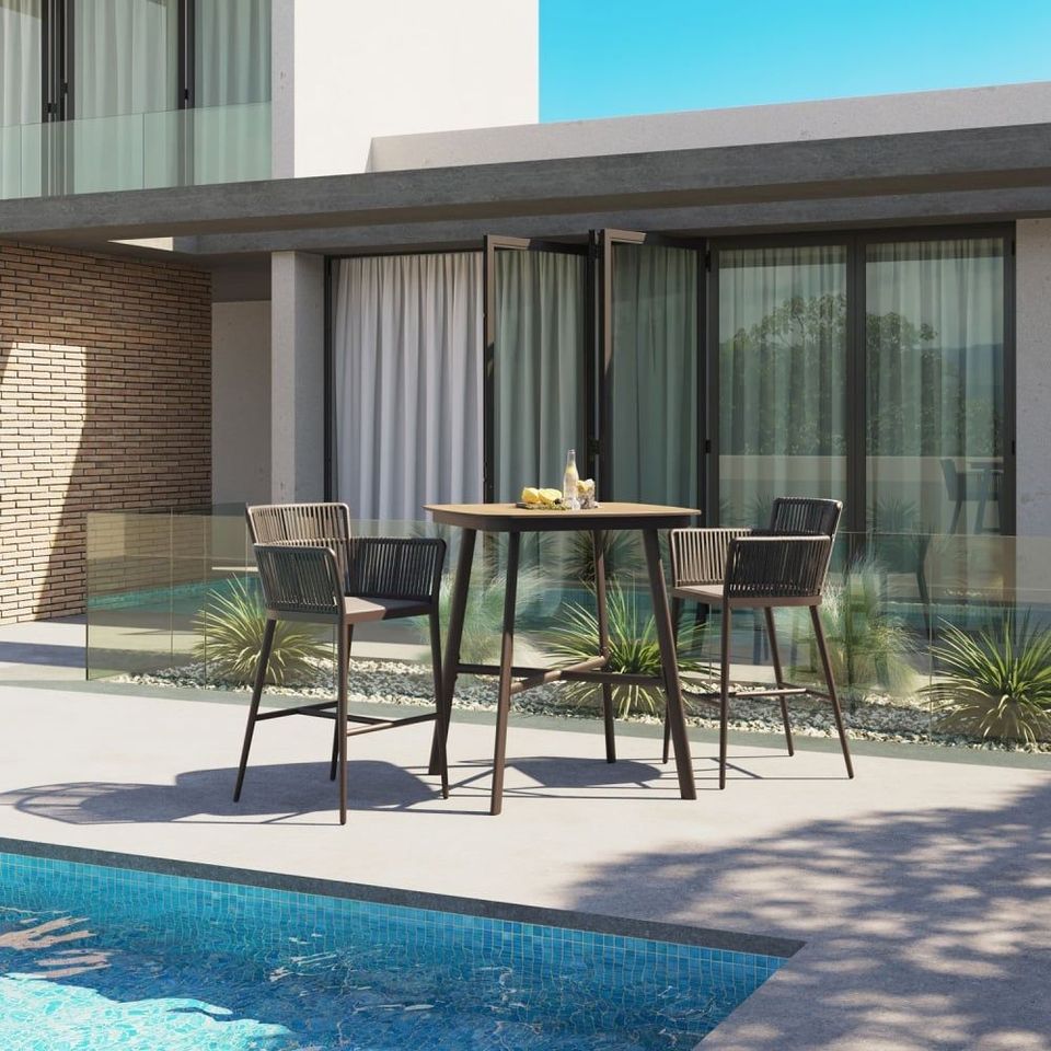 3D Visualization Of Modern Outdoor Dining Set With Woven Chairs By Swimming Pool Area