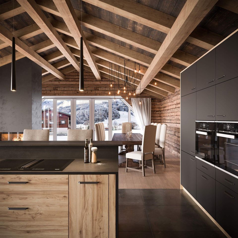 Realistic 3D visualization of a trendy kitchen with wooden beams, showcasing photorealistic rendering and 3D house fittings modeling.