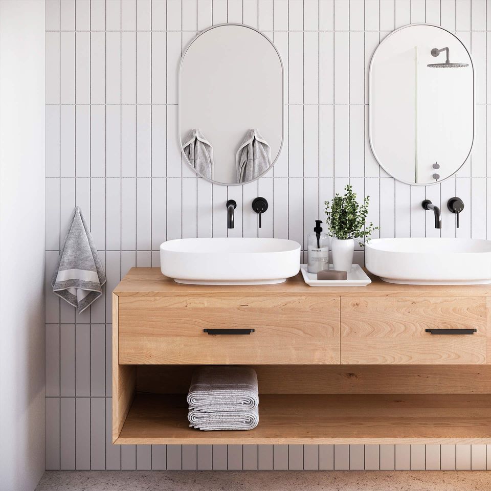 Realistic 3D rendering of a trendy bathroom with wooden vanity, showcasing photorealistic house fittings visualization and interior design.