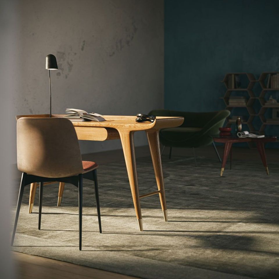 3D furniture modeling and rendering showcasing a modern interior with a wooden desk and chair, highlighting photorealistic visualization and CGI solutions.