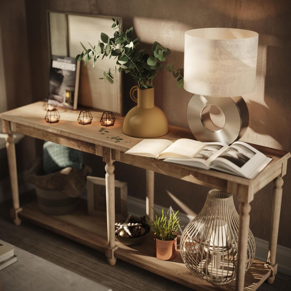 Lifestyle Rendering Of A Wooden Console With Books, A Decorative Lamp, And Warm Ambient Lighting