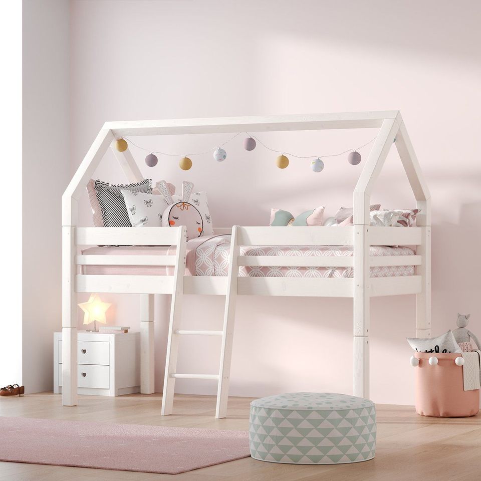3D house fittings modeling and rendering of a children's bedroom featuring a white loft bed, showcasing 3D interior visualization and photorealistic CGI rendering.