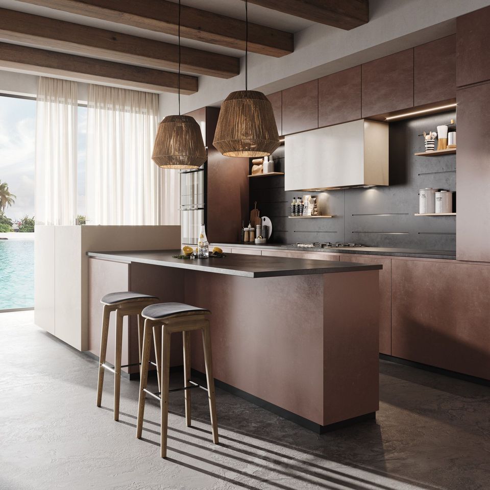 3D Rendering of a Modern Kitchen Interior with Pendant Lights and Island Bar