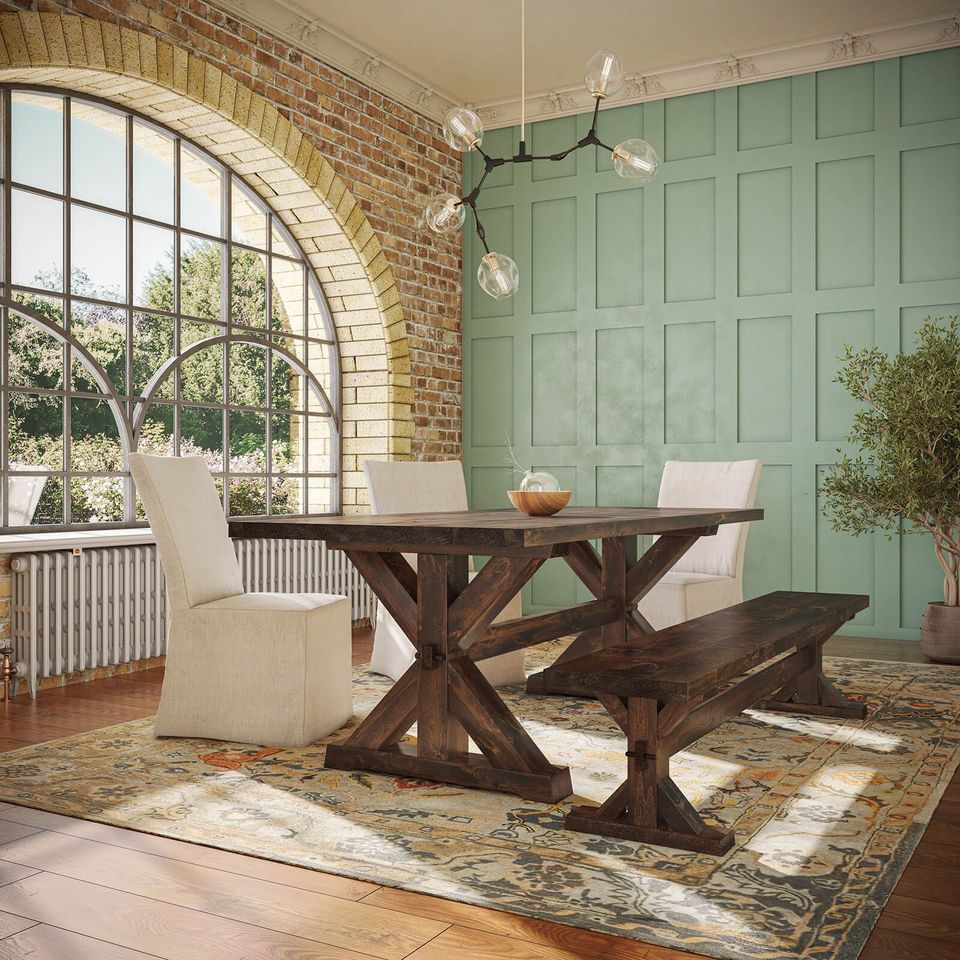 High-quality 3D rendering of a rustic dining room featuring bespoke furniture, showcasing photorealistic visualization and 3D modeling techniques.