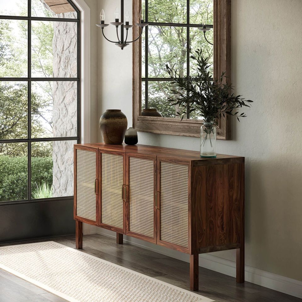 3D furniture modeling and rendering showcasing a wooden cabinet in a modern interior setting, highlighting photorealistic visualization and CGI solutions.