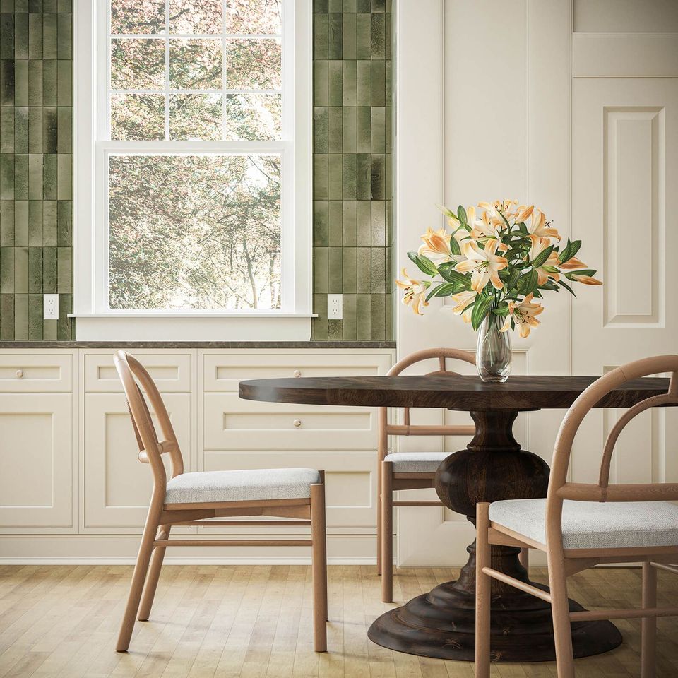 High-quality 3D rendering of a dining room with bespoke furniture, showcasing photorealistic visualization and CGI solutions.