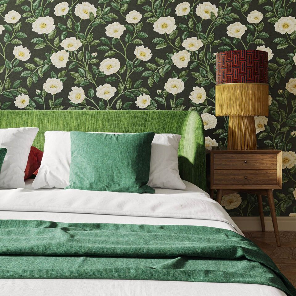 3D interior rendering showcasing a bedroom with green furniture, floral wallpaper, and a wooden nightstand, highlighting 3D furniture modeling and photorealistic rendering.