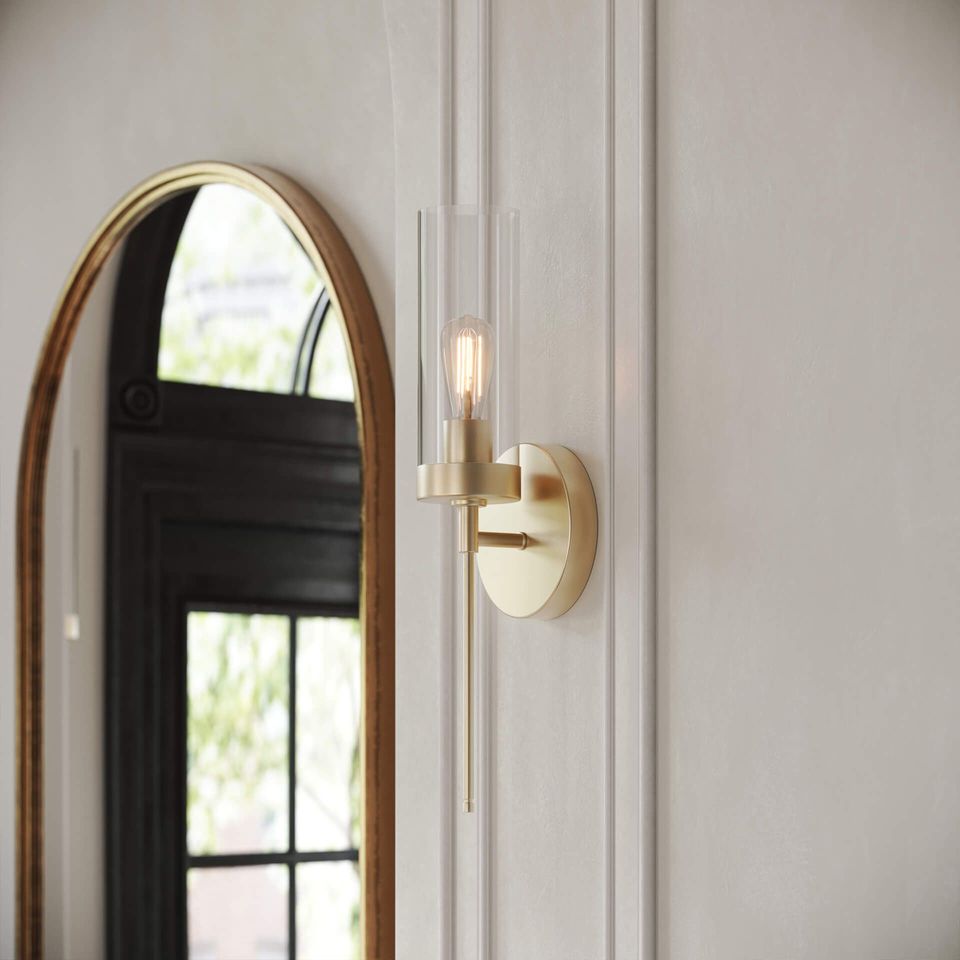 Realistic 3D rendering of a trendy wall sconce in an interior setting, showcasing photorealistic lighting and design.