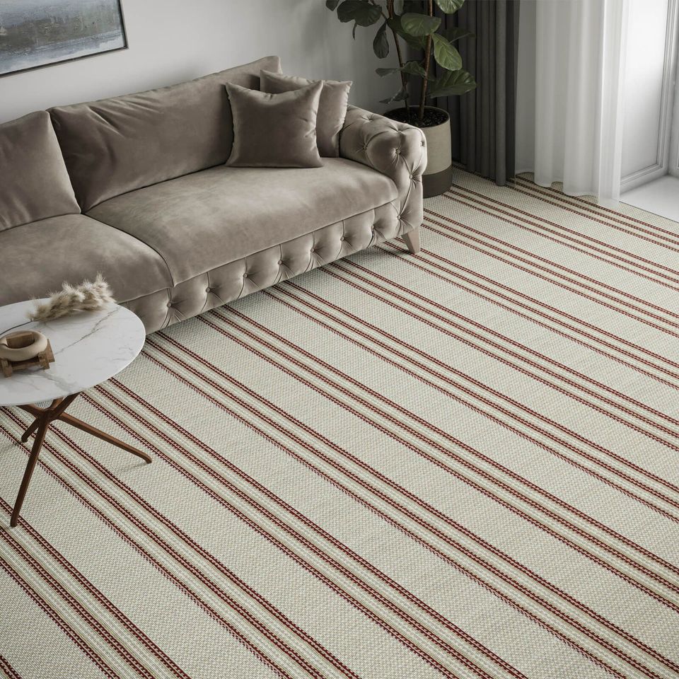 3D furniture rendering showcasing a modern living room with a sofa and striped carpet, highlighting 3D interior visualization and realistic furniture rendering.