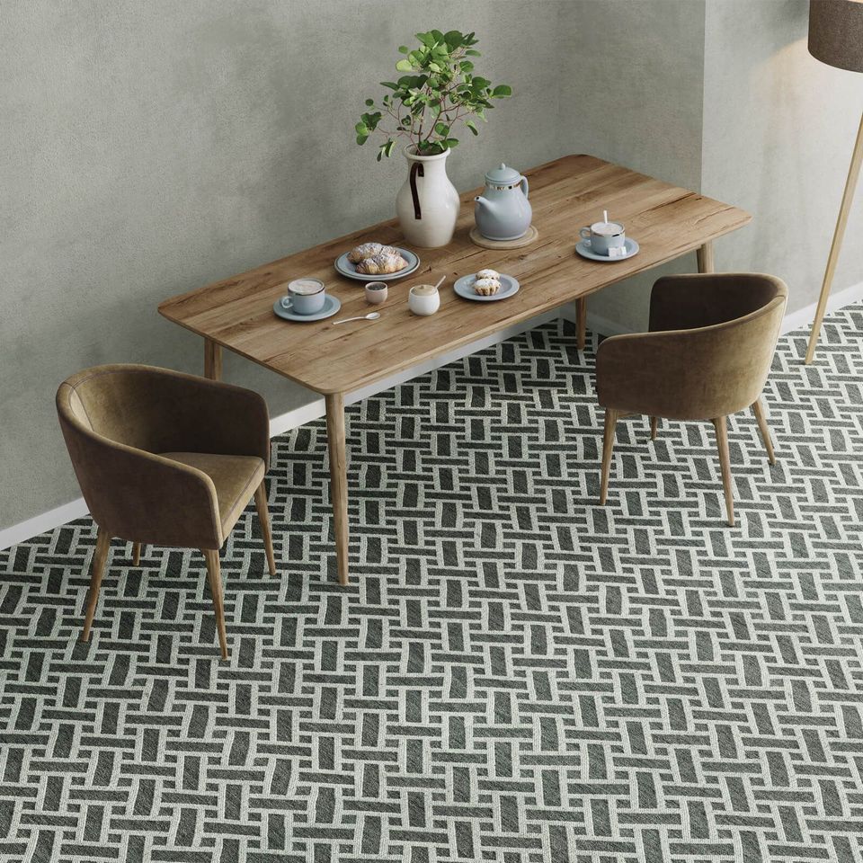 3D interior rendering showcasing a dining room with a wooden table, chairs, and patterned carpet, highlighting 3D furniture modeling and photorealistic visualization.