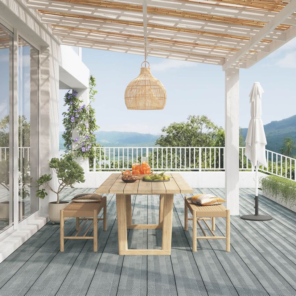 3D furniture modeling and rendering of a patio scene with wooden table and chairs, showcasing realistic 3D visualization and photorealistic rendering.