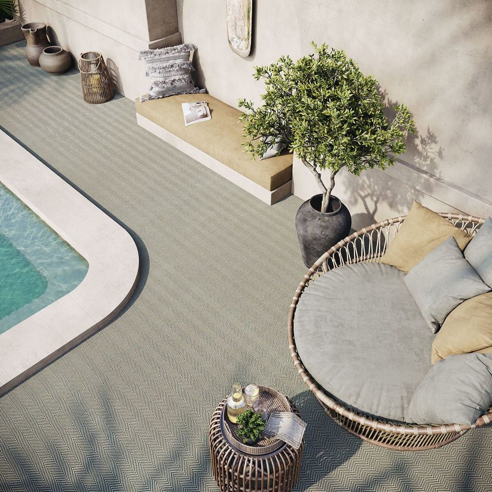 High-quality 3D furniture rendering showcasing an outdoor seating area with realistic textures and lighting, featuring 3D modeling and visualization.