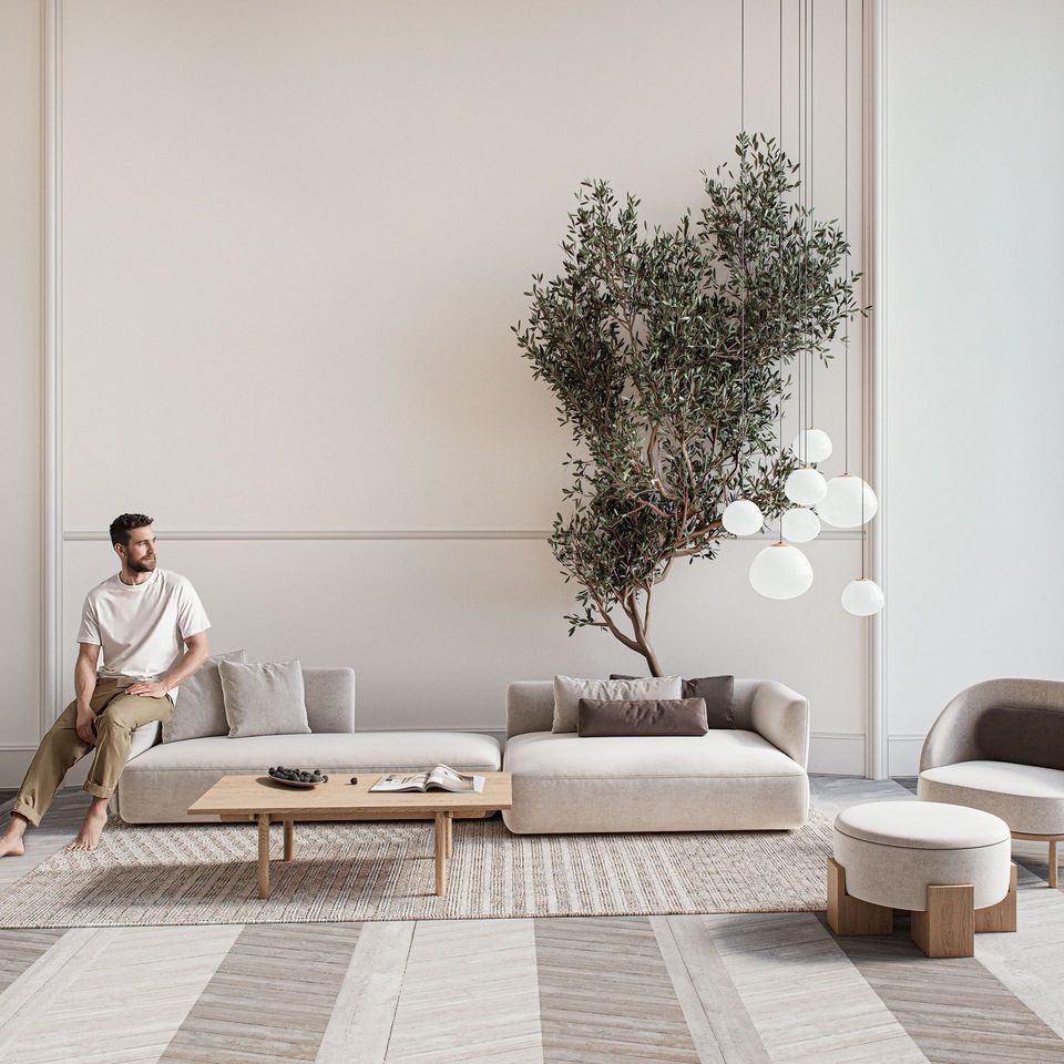 Lifestyle Rendering of a Light Grey Sofa In a Cozy Living Room