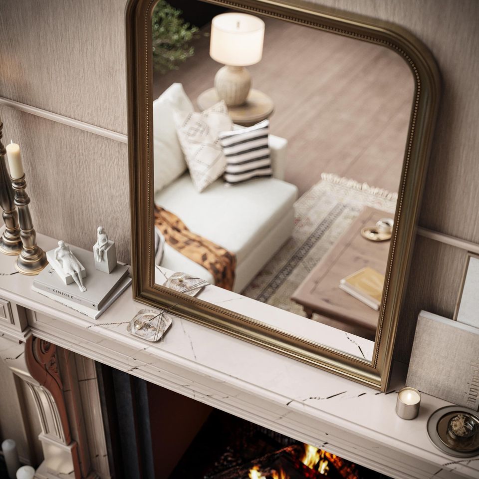 Top-notch 3D rendering showcasing a living room with a mirror reflecting a sofa and decor, highlighting 3D furniture modeling and photorealistic visualization.