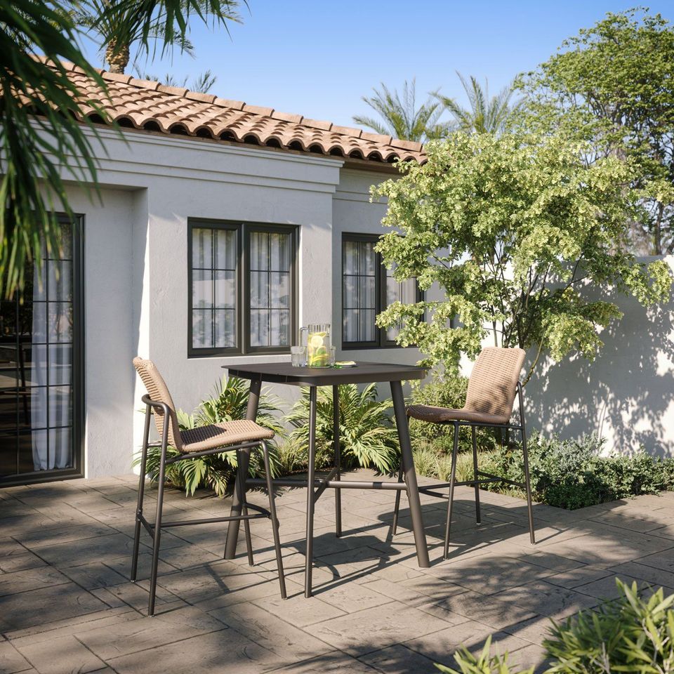 3D furniture modeling and rendering showcasing an outdoor patio with chairs and table, highlighting realistic furniture rendering and 3D lifestyle visualization.