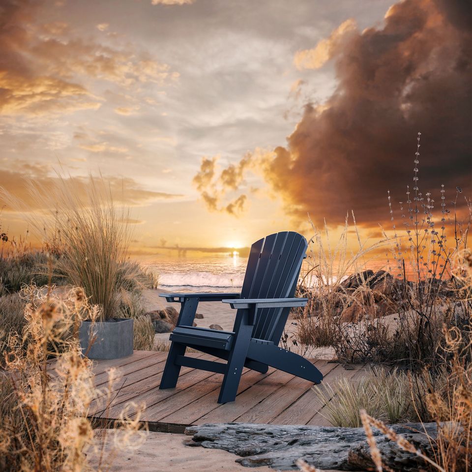 Photorealistic 3D rendering of a chair on a beach at sunset, showcasing 3D furniture modeling and visualization.