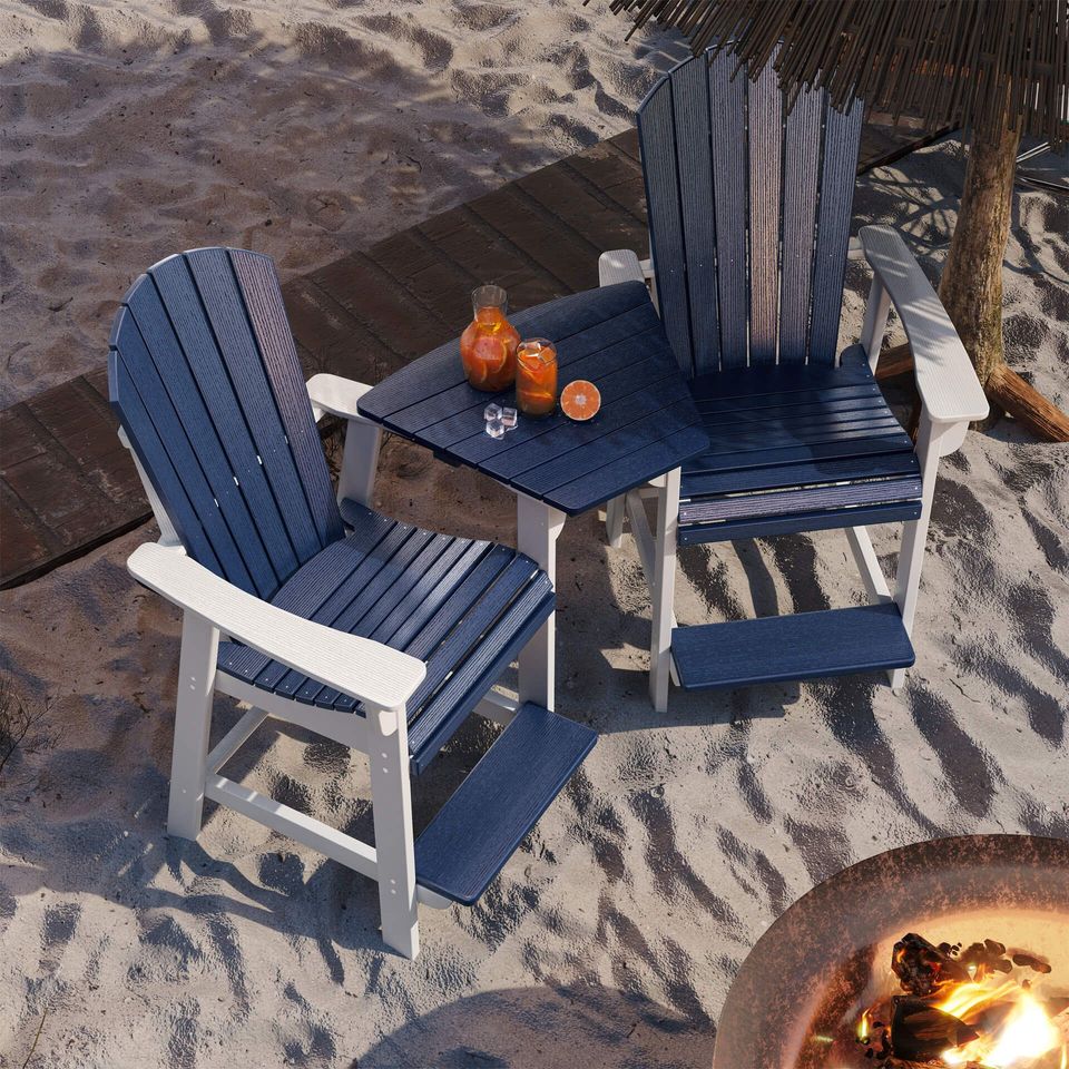 3D house fittings modeling and rendering of blue chairs and table on a sandy beach, showcasing realistic house fittings rendering and 3D lifestyle visualization.