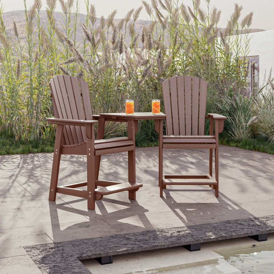 Brown Patio Chairs And Table With Drinks By The Pool Presented In A Relaxed Lifestyle Rendering Scene
