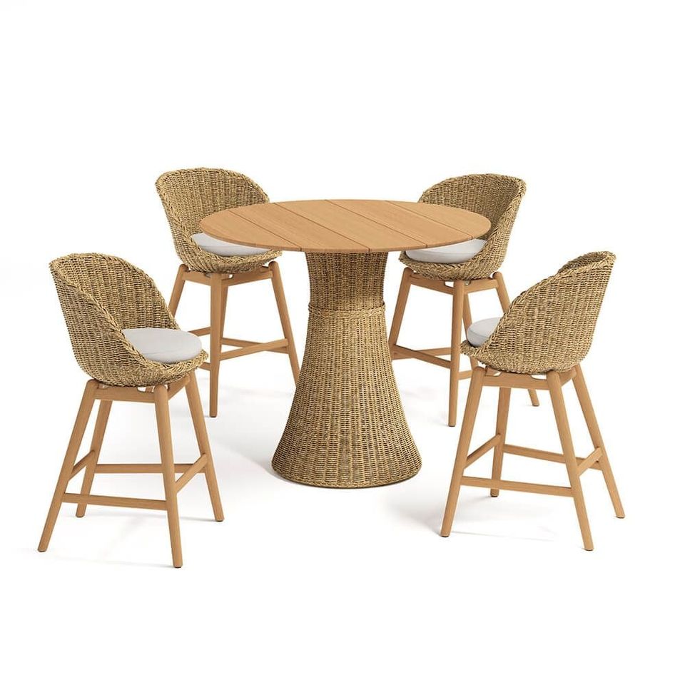 3D product modeling and rendering of a wicker dining set with four chairs and a round table, showcasing realistic product visualization.