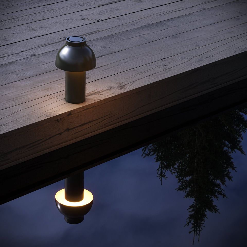 3D rendered image of an outdoor lamp on a wooden deck, showcasing photorealistic furniture rendering and 3D product visualization