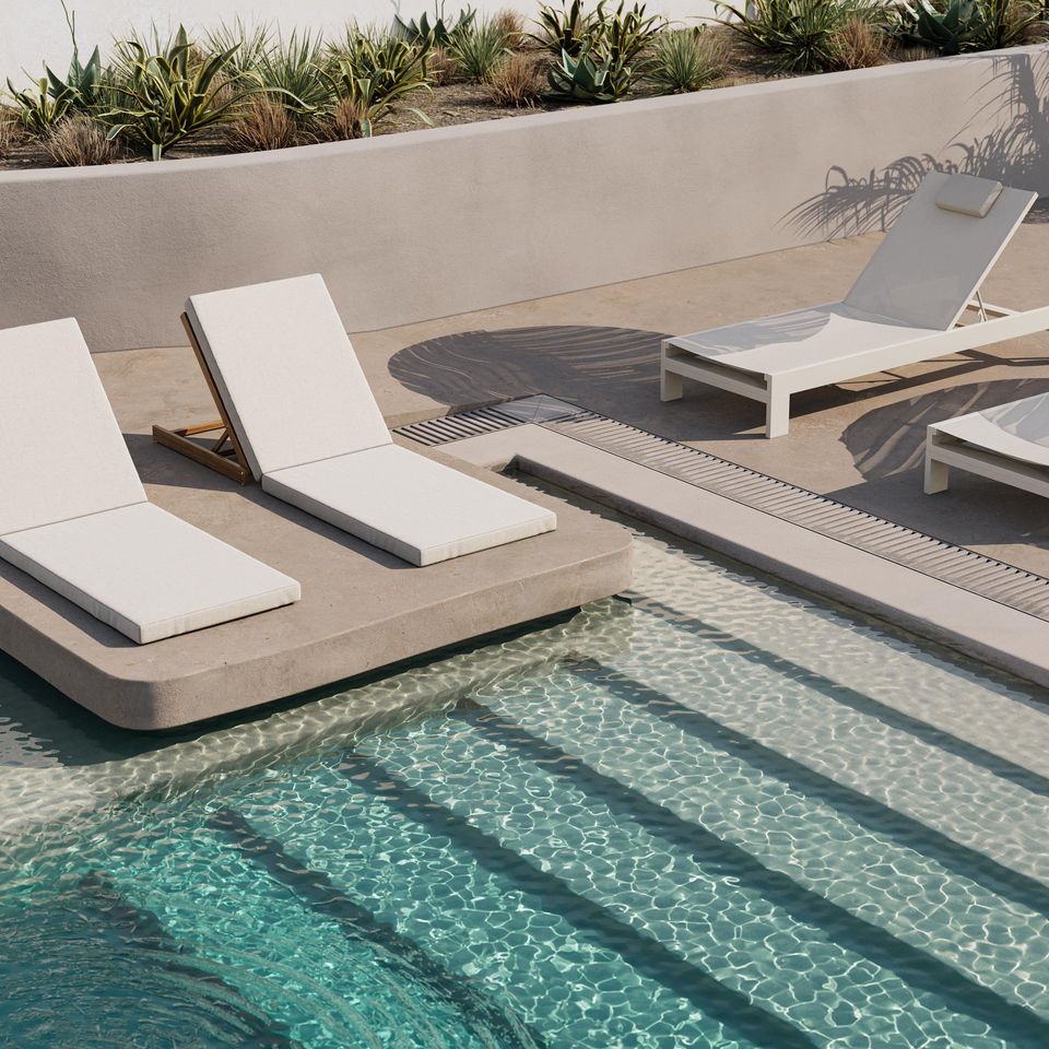 High-quality 3D rendering of poolside lounge chairs showcasing realistic furniture visualization and photorealistic CGI.