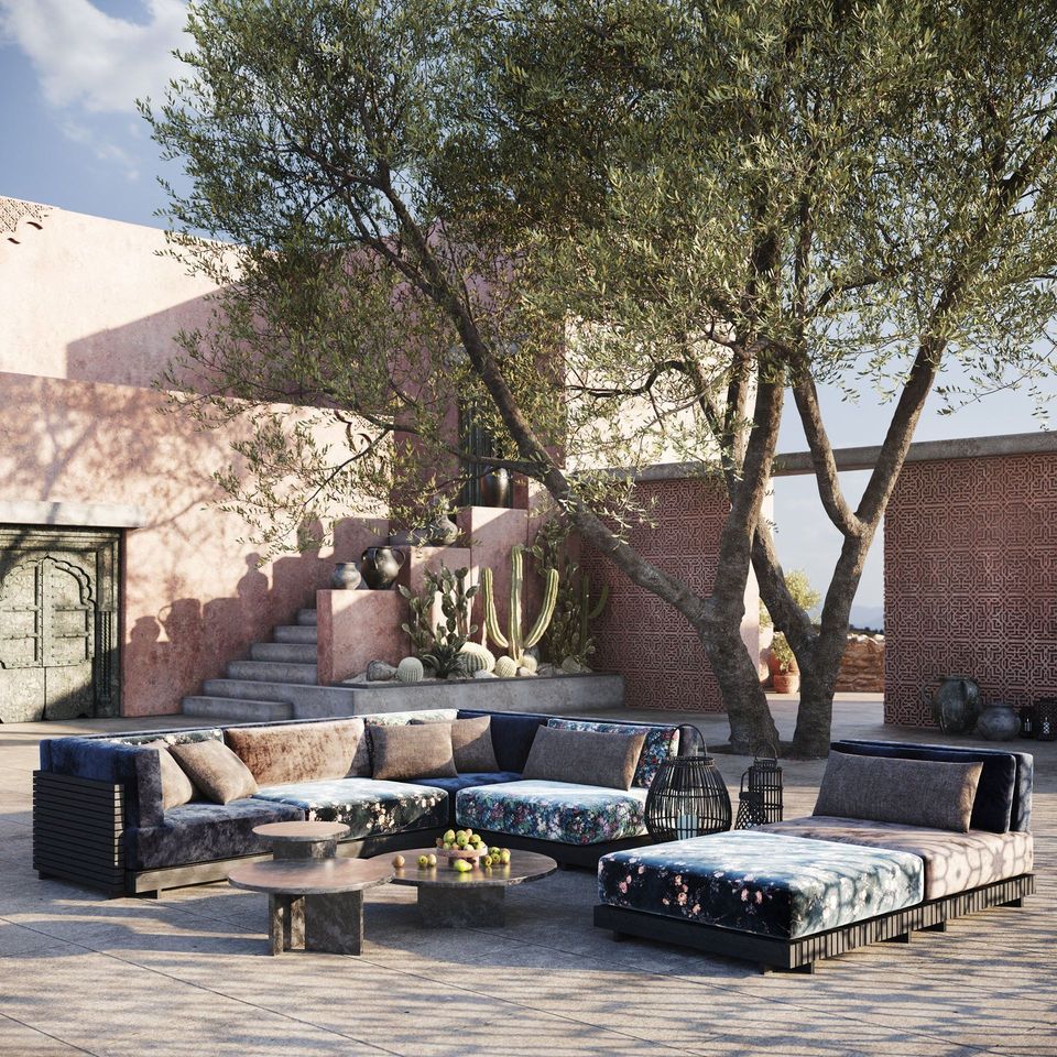 High-quality 3D furniture rendering showcasing an outdoor lifestyle scene with realistic textures and photorealistic visualization.