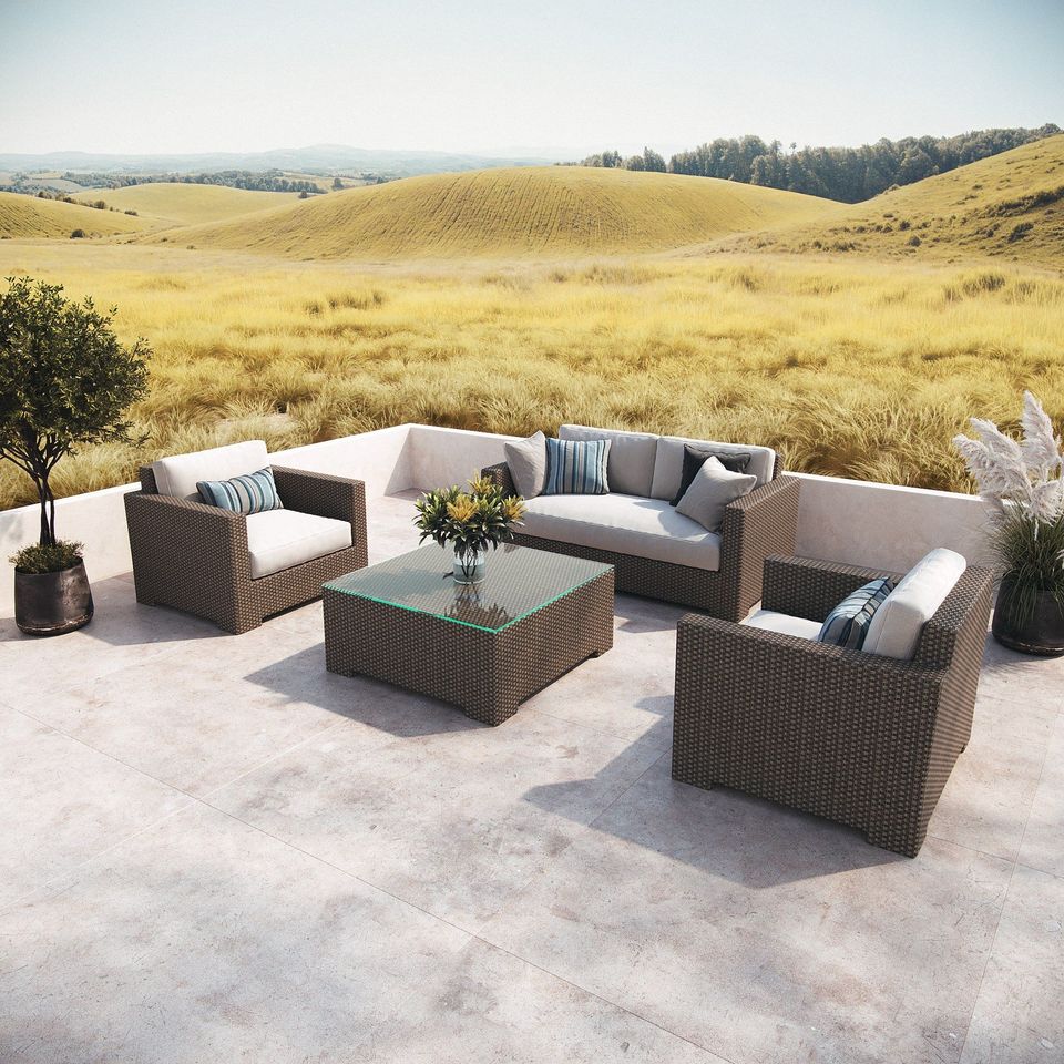 Outdoor Wicker Sofa Set On A Terrace Overlooking Golden Hills In A Photorealistic Lifestyle Rendering