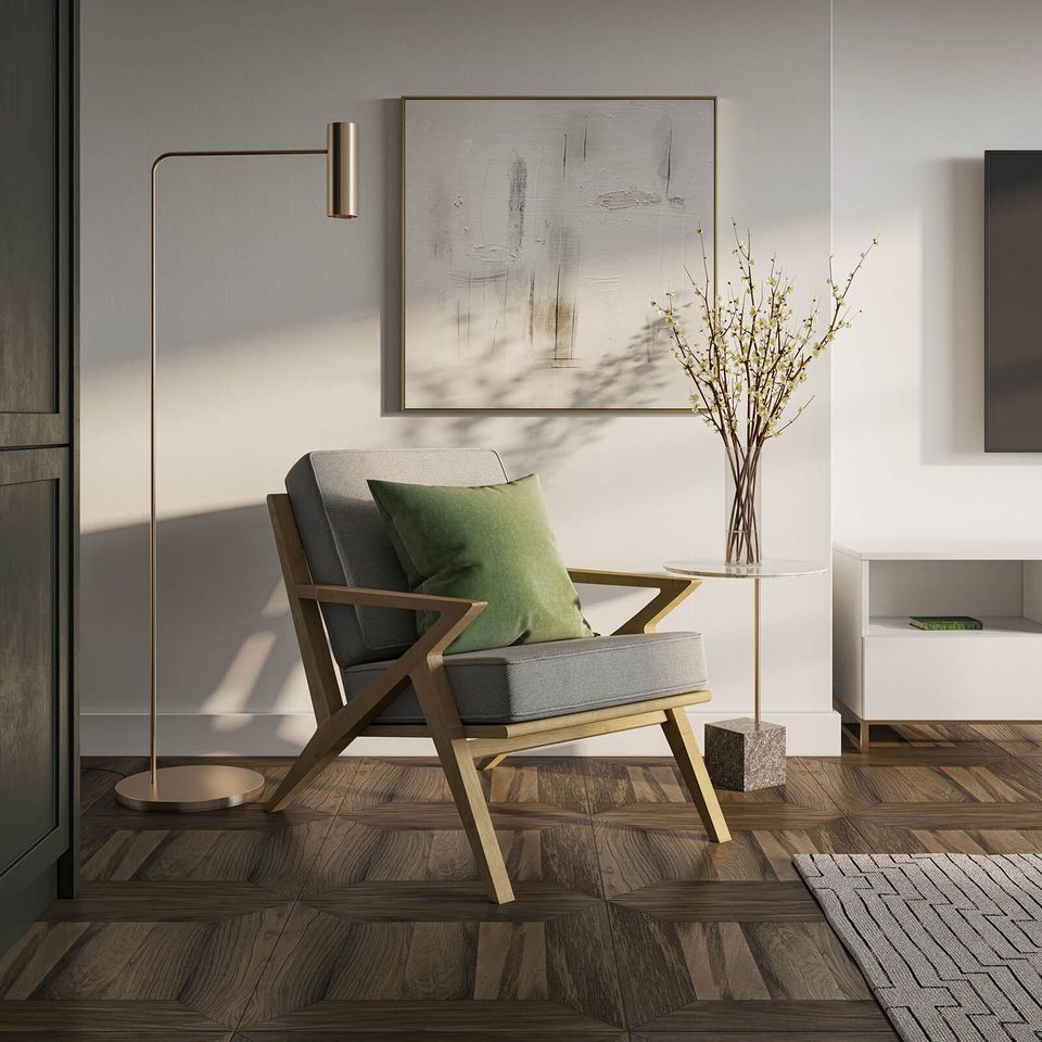 High-quality 3D rendering of a modern chair in a stylish interior setting, showcasing photorealistic furniture visualization.