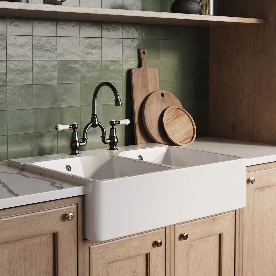 3D rendered image of a kitchen sink showcasing photorealistic furniture rendering and interior visualization