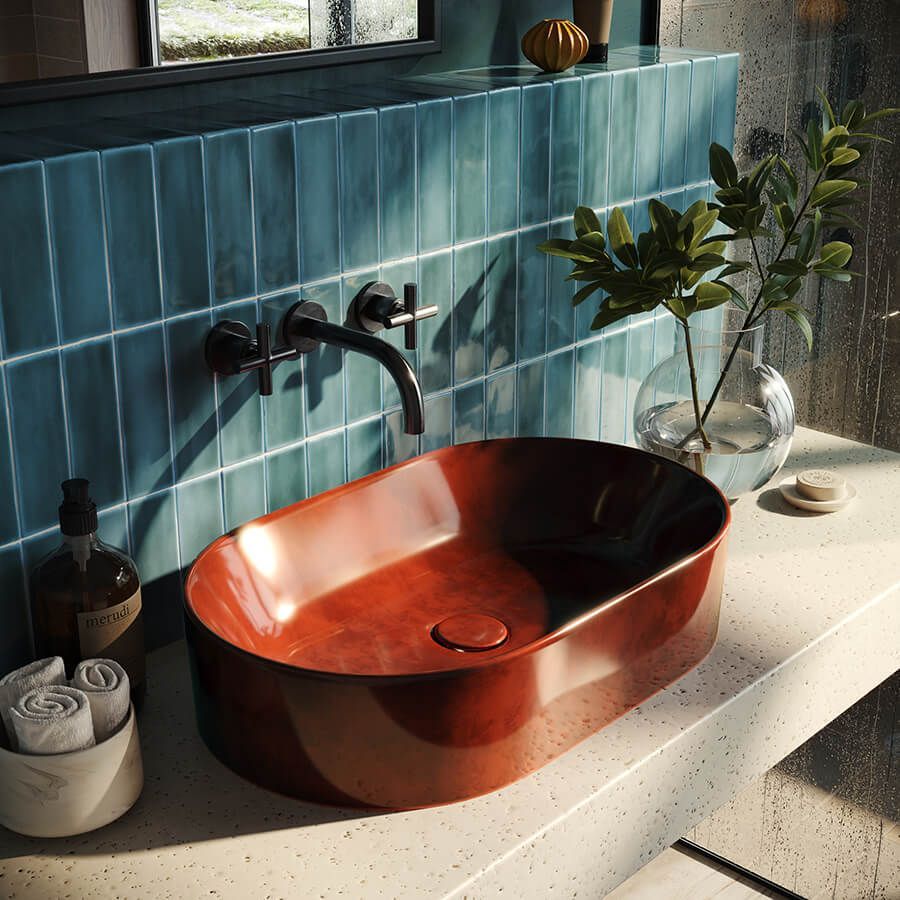 High-quality 3D rendering of a modern bathroom sink with realistic textures and lighting, showcasing 3D furniture modeling and visualization.