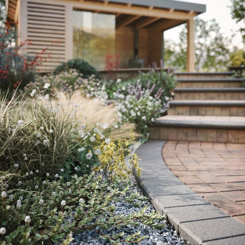 3D garden scene showcasing photorealistic rendering with detailed plants and stone pathway, highlighting CGI visualization and digital rendering techniques.