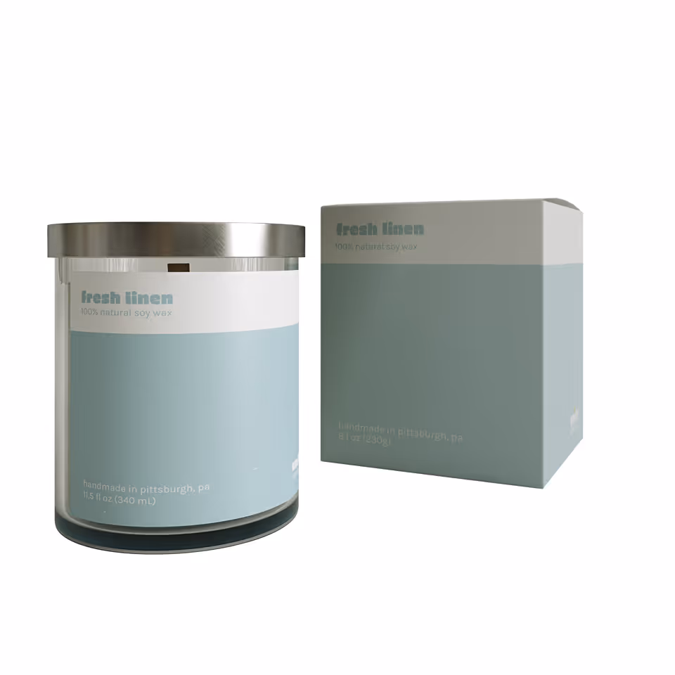 3D product visualization of fresh linen candle with packaging, showcasing photorealistic rendering and CGI solutions
