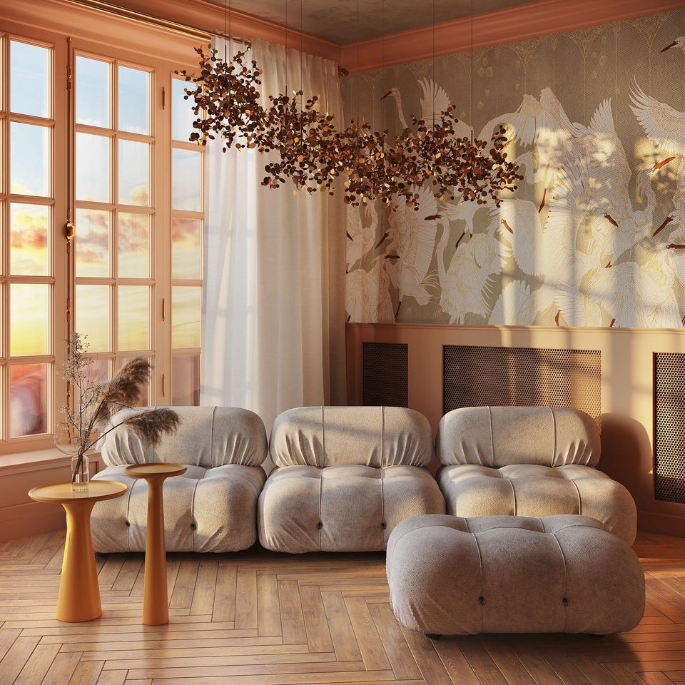 Sunlit Lounge With Quilted Seating, Bird Wallpaper, And Wood Floors In A Sophisticated Lifestyle Rendering
