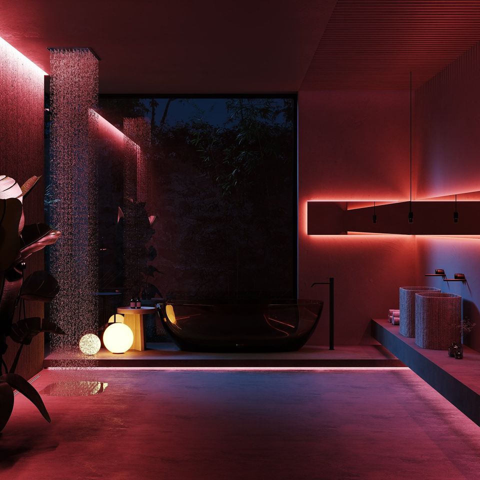 Atmospheric Bathroom With Glass Bathtub And Red Lighting Featured In A Dramatic 3D Rendering