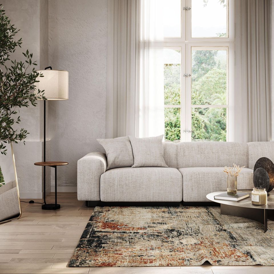 Realistic 3D rendering of a trendy living room with realistic house fittings and decor, showcasing photorealistic visualization and 3D modeling.